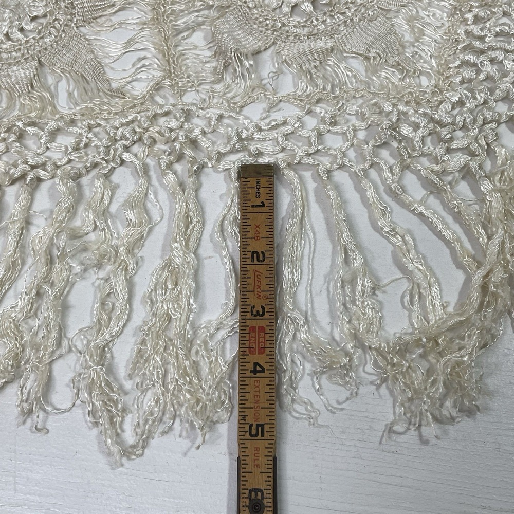 Vintage Cream Lace Crochet Coverlet Shawl Wrap Square Floral Fringe Delicate - Picture 14 of 16